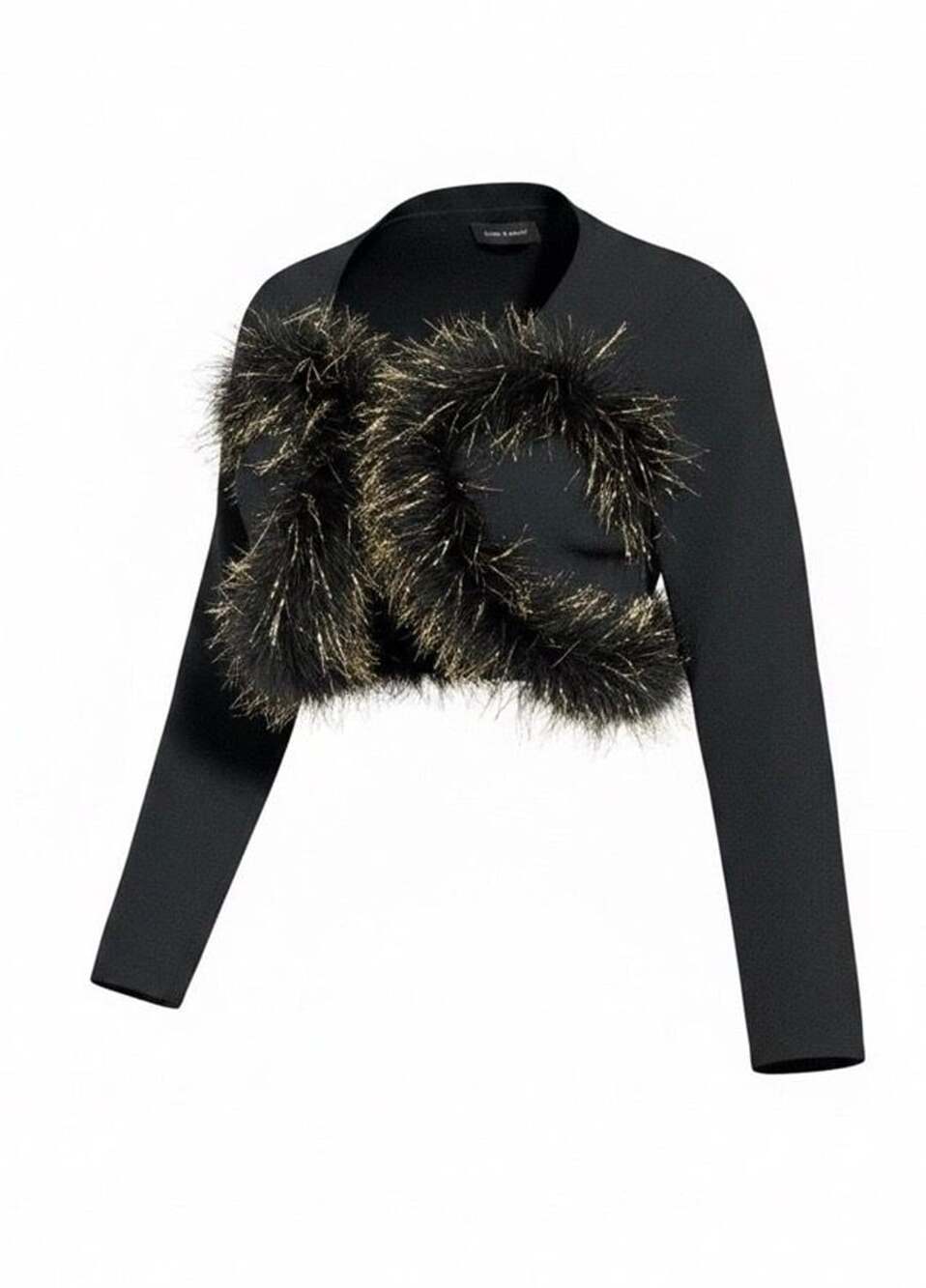 Cable & Gauge Black Gold Faux Fur Trim Cropped Cardigan Sweater Holiday Party